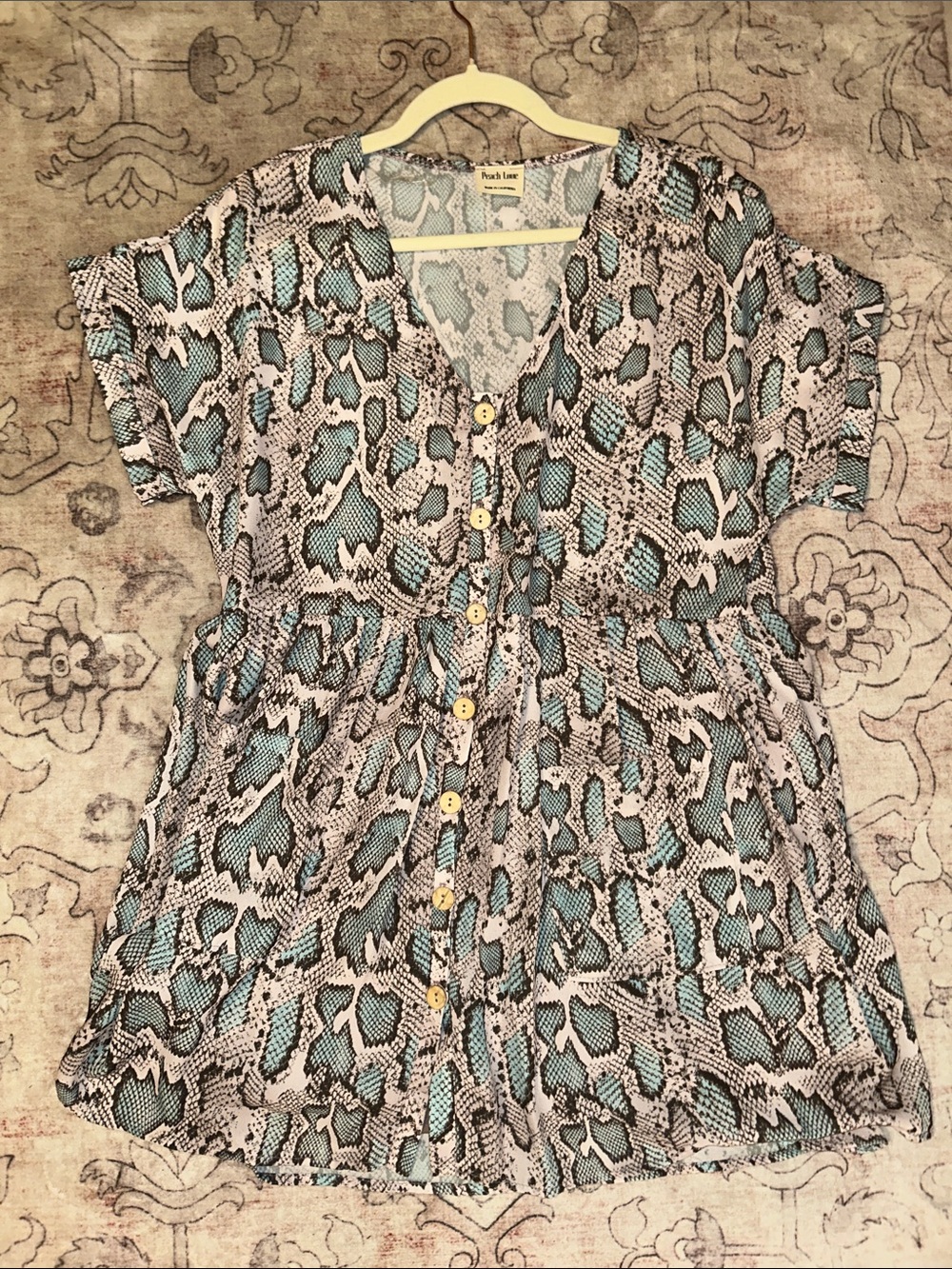 Peach Love California Teal and Black Snake-Print Button Front Blouse